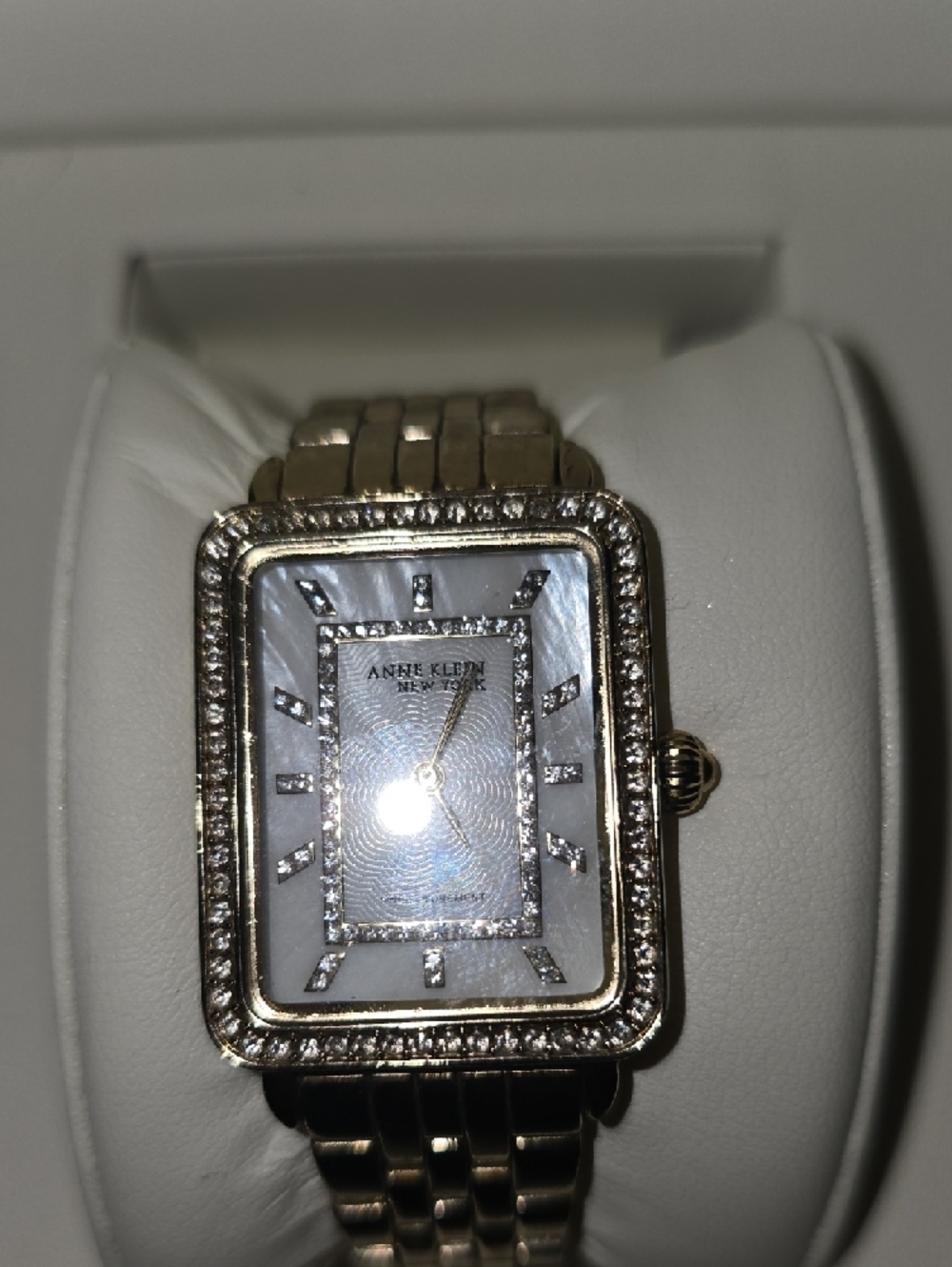 Anne Klein Gold and White Crystal-Accented Rectangular Watch - Picture 3 of 6